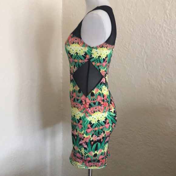 Yellow & Pink Floral Sheer Black Mesh Cutout Body Con Dress - Picture 3 of 8